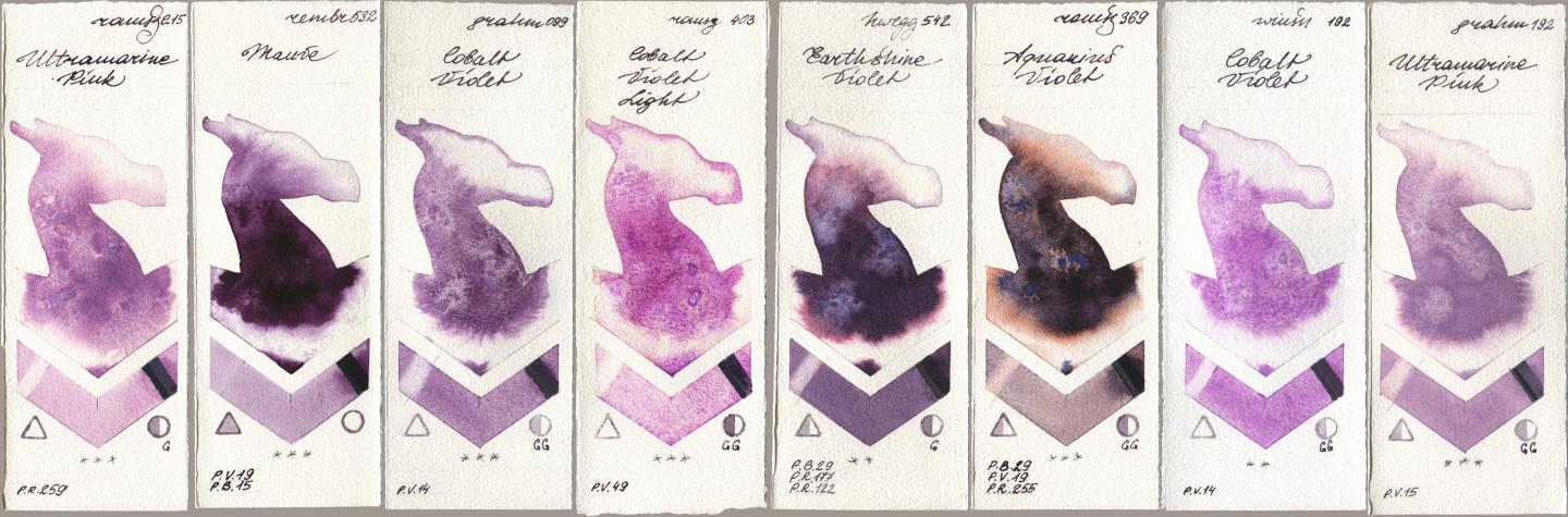 Roman Szmal Aquarius 215 Ultramarine Pink, Royal Talens Rembrandt Watercolour 532 Mauve, M. Graham & Co. Artists 099 Cobalt Violet, 403 Cobalt Violet Light, Holbein Artists Watercolor 542 Earthshine Violet, 369 Aquarius Violet, Winsor & Newton Professional 192 Cobalt Violet, 192 Ultramarine Pi watercolor swatch