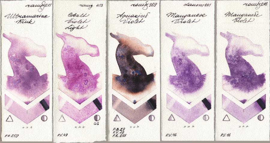 Roman Szmal Aquarius 215 Ultramarine Pink vs 403 Cobalt Violet Light vs 369 Aquarius Violet vs Daniel Smith 261 Manganese Violet vs 216 Manganese Violet watercolor swatch