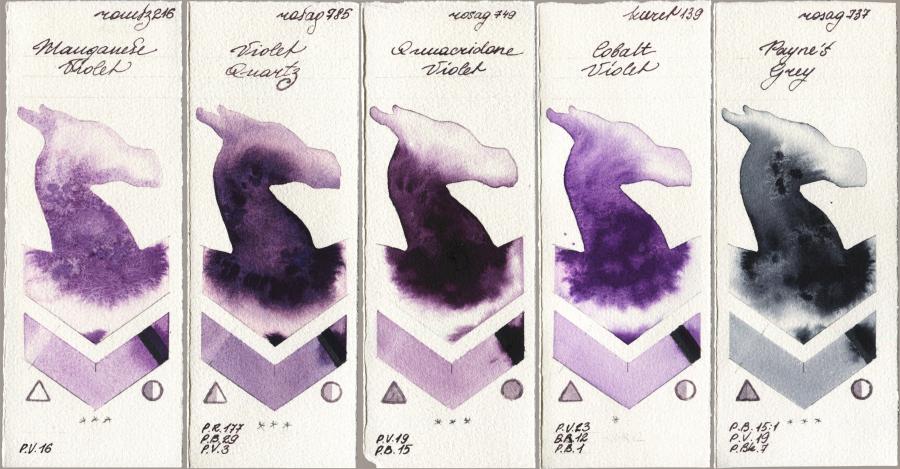 Roman Szmal Aquarius 216 Manganese Violet vs Rosa Gallery 785 Violet Quartz vs 749 Quinacridone Violet vs Kuretake Gansai Tambi 139 Cobalt Violet vs 737 Paynes Grey watercolor swatch
