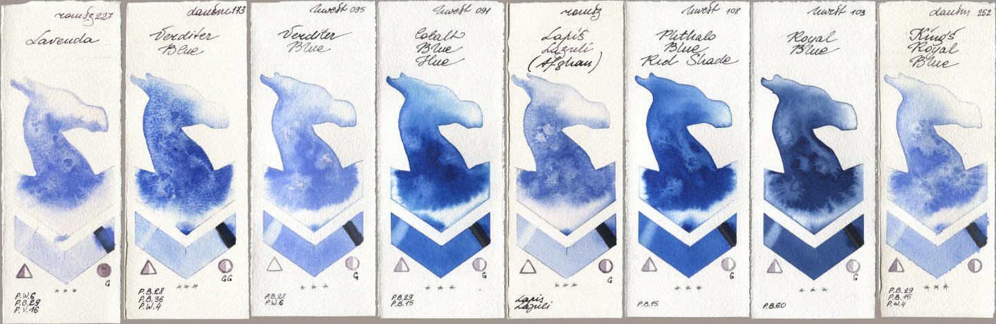 Roman Szmal Aquarius 227 Lavenda, Daniel Smith 173 Verditer Blue, Holbein Artists Watercolor 095 Verditer Blue, 091 Cobalt Blue Hue, 999 Lapis Lazuli Afghan, 108 Phthalo Blue Red Shade, 103 Royal Blue, 252 King’s Royal Bl watercolor swatch