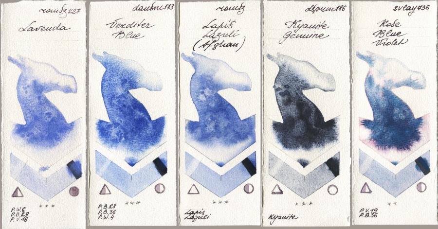 Roman Szmal Aquarius 227 Lavenda vs Daniel Smith 173 Verditer Blue vs 999 Lapis Lazuli Afghan vs 186 Kyanite Genuine vs SuperVision 736 Rose Blue Violet watercolor swatch