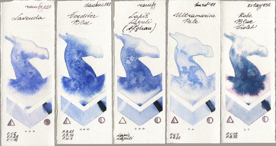 Roman Szmal Aquarius 227 Lavenda vs Daniel Smith 173 Verditer Blue vs 999 Lapis Lazuli Afghan vs Kuretake Gansai Tambi 061 Ultramatire Pale vs SuperVision 736 Rose Blue Violet watercolor swatch