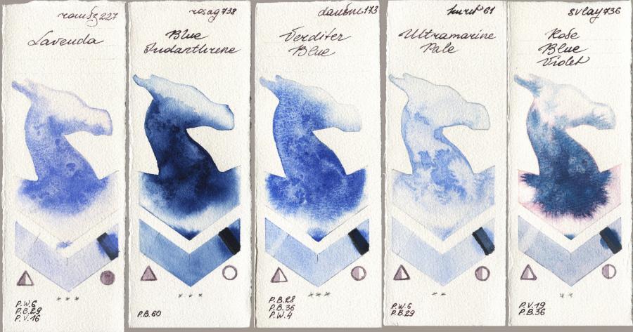 Roman Szmal Aquarius 227 Lavenda vs Rosa Gallery 738 Blue Indanthrone vs Daniel Smith 173 Verditer Blue vs Kuretake Gansai Tambi 061 Ultramatire Pale vs SuperVision 736 Rose Blue Violet watercolor swatch