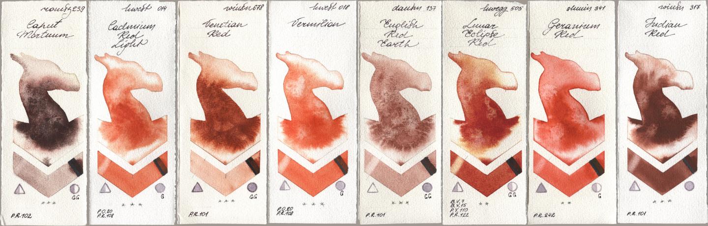 Roman Szmal Aquarius 239 Caput Mortuum, Holbein Artists Watercolor 014 Cadmium Red Light, Winsor & Newton Professional 678 Venetian Red, 018 Vermilion, Daniel Smith 137 English Red Earth, 505 Lunar Eclipse Red, Shminke Horadam Aquarell 341 Geranium Red, 317 Indian R watercolor swatch