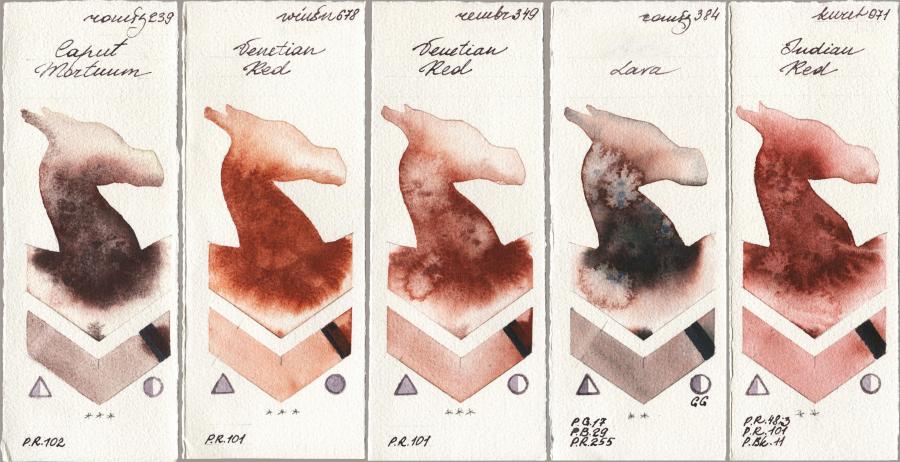 Roman Szmal Aquarius 239 Caput Mortuum vs Winsor & Newton Professional 678 Venetian Red vs Royal Talens Rembrandt Watercolour 349 Venerian Red vs 384 Lava vs Kuretake Gansai Tambi 071 Indian Red watercolor swatch