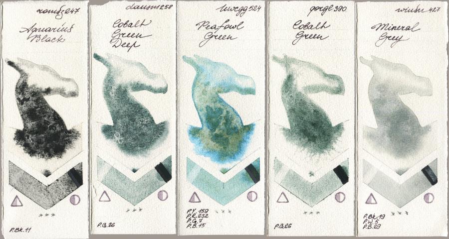 Roman Szmal Aquarius 247 Aquarius Black vs Daniel Smith 258 Cobalt Green Deep vs Holbein Artists Watercolor 524 Peafowl Green vs Golden QOR 390 Cobalt Green vs Winsor & Newton Professional 427 Mineral Grey watercolor swatch