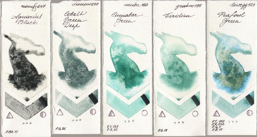 Roman Szmal Aquarius 247 Aquarius Black vs Daniel Smith 258 Cobalt Green Deep vs Winsor & Newton Professional 420 Cinnabar Green vs M. Graham & Co. Artists 195 Viridian vs Holbein Artists Watercolor 524 Peafowl Green watercolor swatch