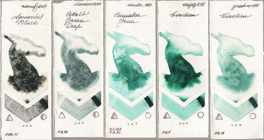 Roman Szmal Aquarius 247 Aquarius Black vs Daniel Smith 258 Cobalt Green Deep vs Winsor & Newton Professional 420 Cinnabar Green vs Royal Talens Van Gogh Watercolour 616 Viridian vs M. Graham & Co. Artists 195 Viridian watercolor swatch