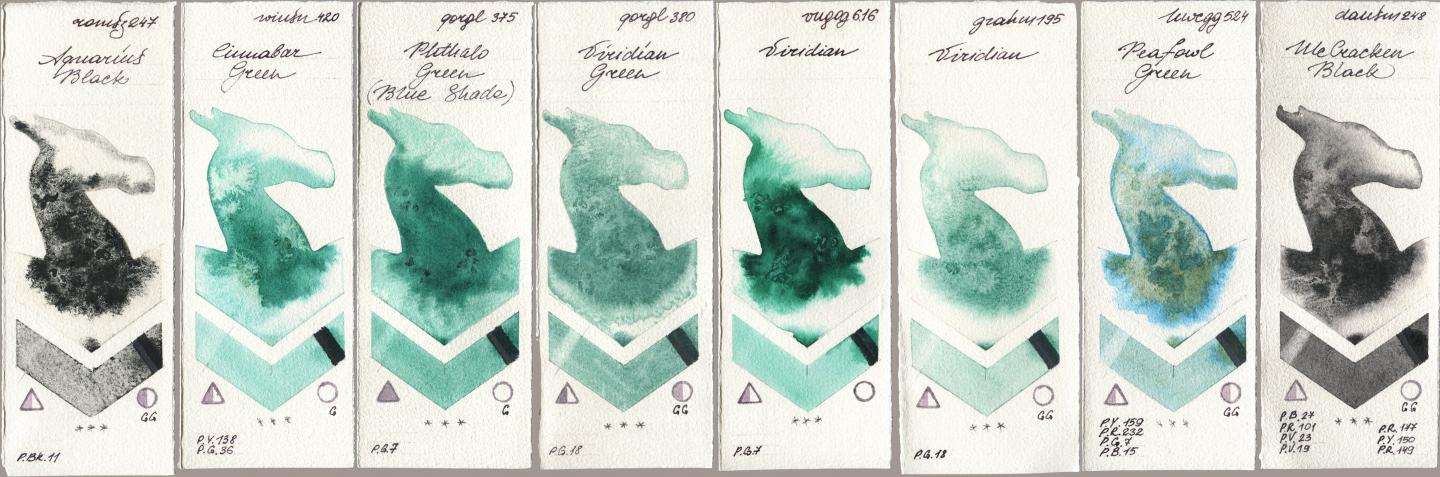 Roman Szmal Aquarius 247 Aquarius Black, Winsor & Newton Professional 420 Cinnabar Green, Golden QOR 375 Phthalo Green (Blue Shade), 380 Viridian Green, Royal Talens Van Gogh Watercolour 616 Viridian, M. Graham & Co. Artists 195 Viridian, Holbein Artists Watercolor 524 Peafowl Green, Daniel Smith 248 McCracken Bla watercolor swatch