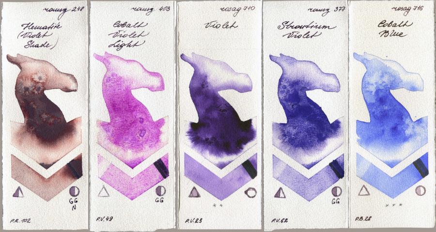 Roman Szmal Aquarius 248 Hematite (Violet Shade) vs 403 Cobalt Violet Light vs Rosa Gallery 710 Violet vs 377 Strontium Violet vs 716 Cobalt Blue watercolor swatch