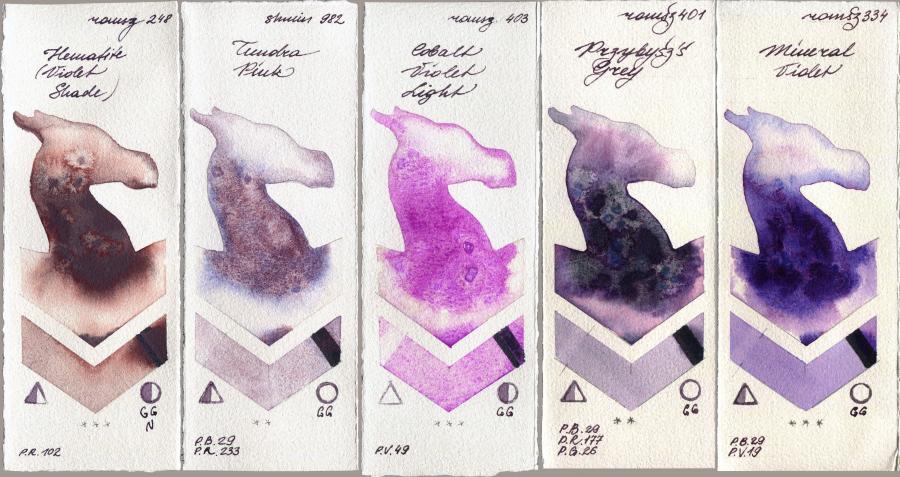 Roman Szmal Aquarius 248 Hematite (Violet Shade) vs Shminke Horadam Aquarell 982 Tundra Pink vs 403 Cobalt Violet Light vs 401 Przybyszs Grey vs 334 Mineral Violet watercolor swatch