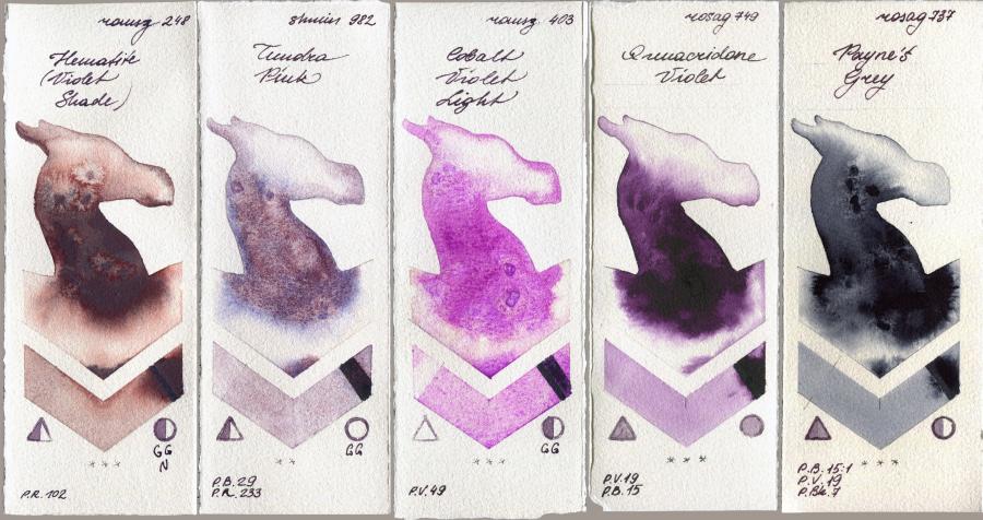 Roman Szmal Aquarius 248 Hematite (Violet Shade) vs Shminke Horadam Aquarell 982 Tundra Pink vs 403 Cobalt Violet Light vs Rosa Gallery 749 Quinacridone Violet vs 737 Paynes Grey watercolor swatch