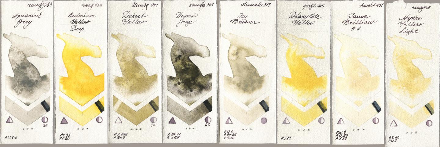 Roman Szmal Aquarius 253 Aquarius Grey, Rosa Gallery 732 Cadmium Yellow Deep, Shminke Horadam Aquarell 921 Desert Yellow, 925 Desert Grey, Shminke Akademie Aquarell 917 Icy Brown, Golden QOR 175 Diarylide Yellow, Holbein Artists Watercolor 031 Jaune Brilliant No 1, 745 Naples Yellow Lig watercolor swatch