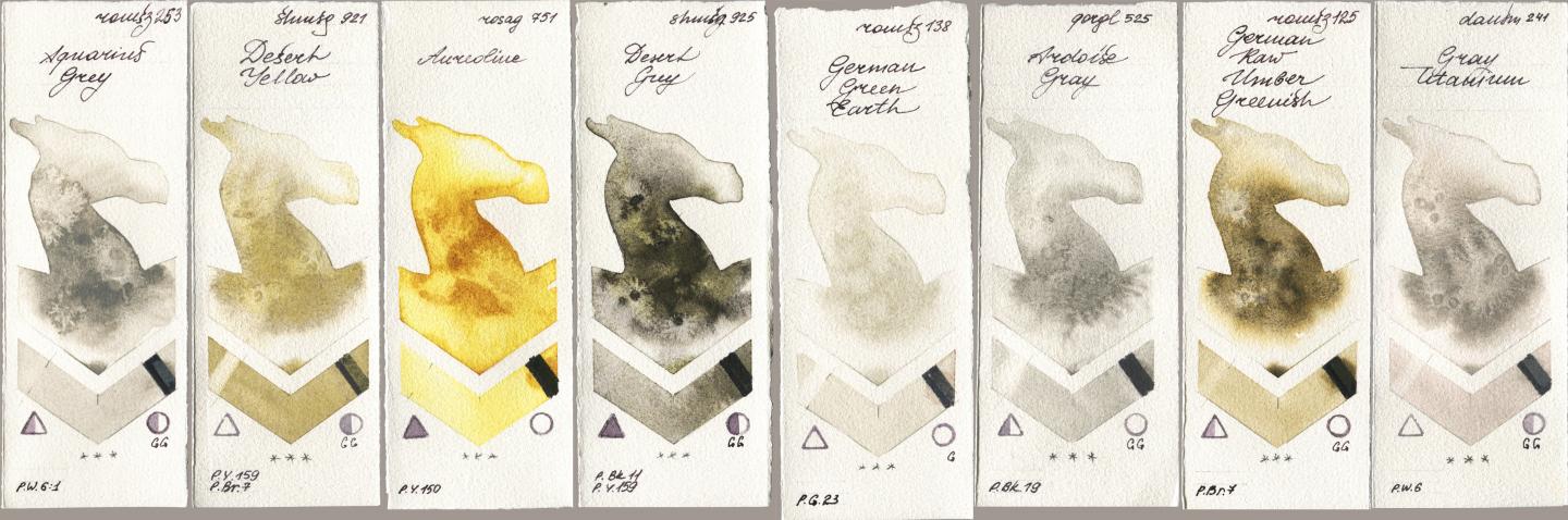 Roman Szmal Aquarius 253 Aquarius Grey, Shminke Horadam Aquarell 921 Desert Yellow, Rosa Gallery 751 Aureoline, 925 Desert Grey, 138 German Green Earth, Golden QOR 525 Ardoise Gray, 125 German Raw Umber Greenish, Daniel Smith 241 Gray Titani watercolor swatch