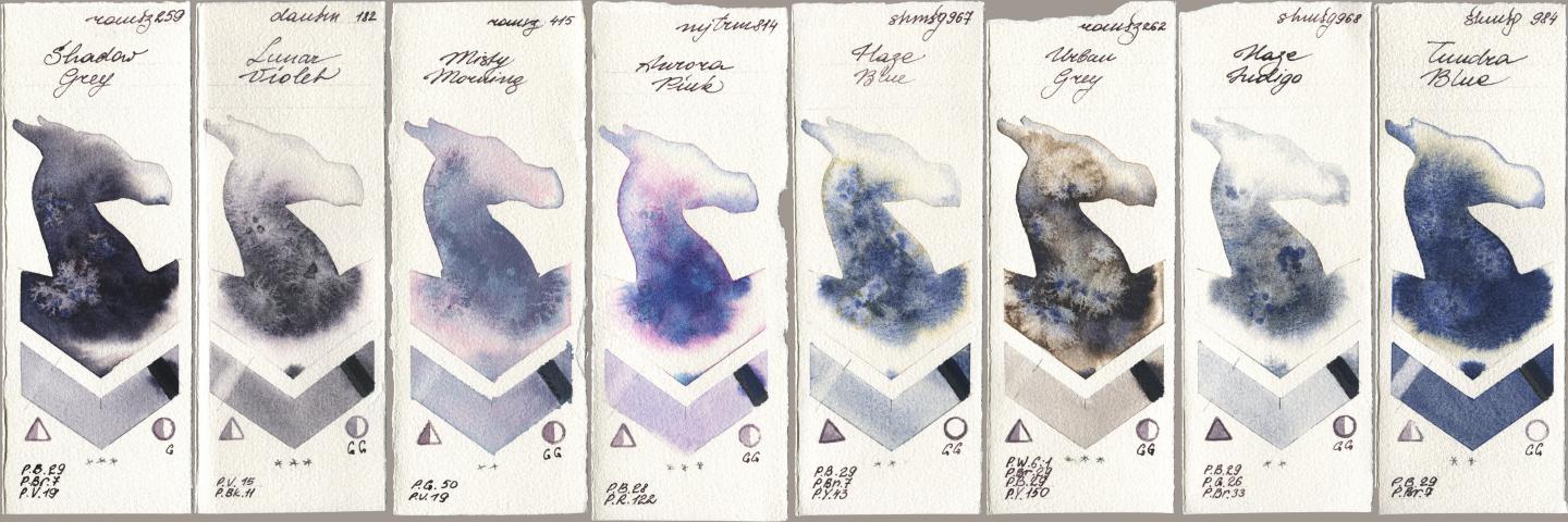 Roman Szmal Aquarius 259 Shadow Grey, Daniel Smith 182 Lunar Violet, 415 Misty Morning, Mijello Mission Gold 814 Aurora Pink, Shminke Horadam Aquarell 967 Haze Blue, 262 Urban Grey, 968 Haze Indigo, 984 Tundra Bl watercolor swatch