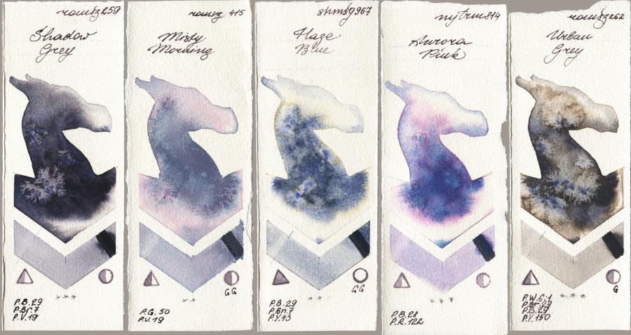 Roman Szmal Aquarius 259 Shadow Grey vs 415 Misty Morning vs Shminke Horadam Aquarell 967 Haze Blue vs Mijello Mission Gold 814 Aurora Pink vs 262 Urban Grey watercolor swatch