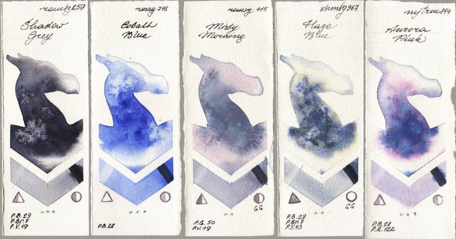 Roman Szmal Aquarius 259 Shadow Grey vs Rosa Gallery 716 Cobalt Blue vs 415 Misty Morning vs Shminke Horadam Aquarell 967 Haze Blue vs Mijello Mission Gold 814 Aurora Pink watercolor swatch