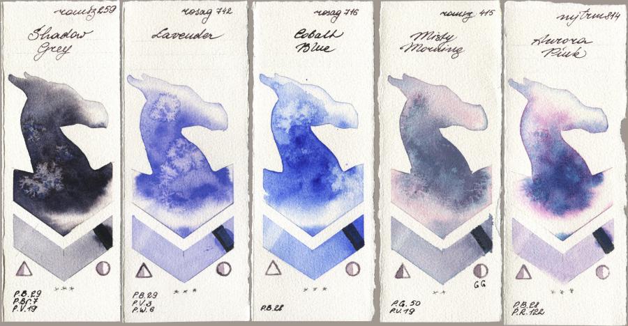 Roman Szmal Aquarius 259 Shadow Grey vs Rosa Gallery 742 Lavender vs 716 Cobalt Blue vs 415 Misty Morning vs Mijello Mission Gold 814 Aurora Pink watercolor swatch