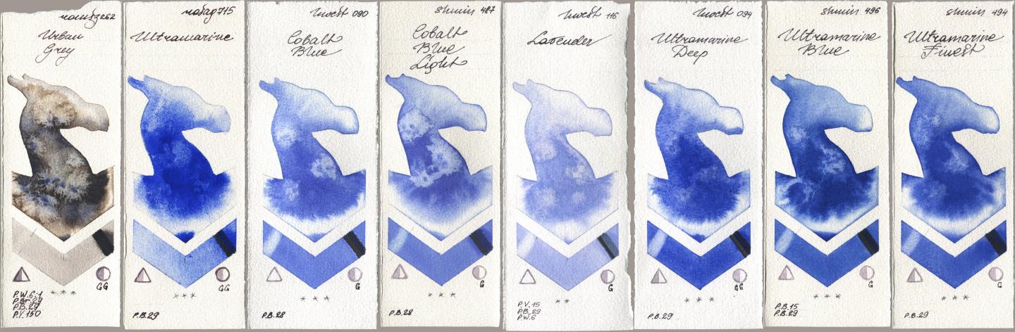 Roman Szmal Aquarius 262 Urban Grey, Rosa Gallery 715 Ultramarine, Holbein Artists Watercolor 090 Cobalt Blue, Shminke Horadam Aquarell 487 Cobalt Blue Light, 116 Lavender, 094 Ultramarine Deep, 496 Ultramarine Blue, 494 Ultramarine Fine watercolor swatch