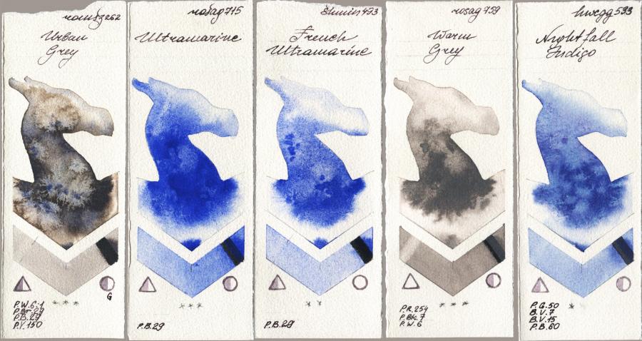 Roman Szmal Aquarius 262 Urban Grey vs Rosa Gallery 715 Ultramarine vs Shminke Horadam Aquarell 493 French Ultramarine vs 759 Warm Grey vs Holbein Artists Watercolor 533 Nightfall Indigo watercolor swatch