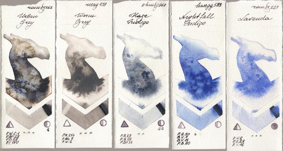 Roman Szmal Aquarius 262 Urban Grey vs Rosa Gallery 759 Warm Grey vs Shminke Horadam Aquarell 968 Haze Indigo vs Holbein Artists Watercolor 533 Nightfall Indigo vs 227 Lavenda watercolor swatch