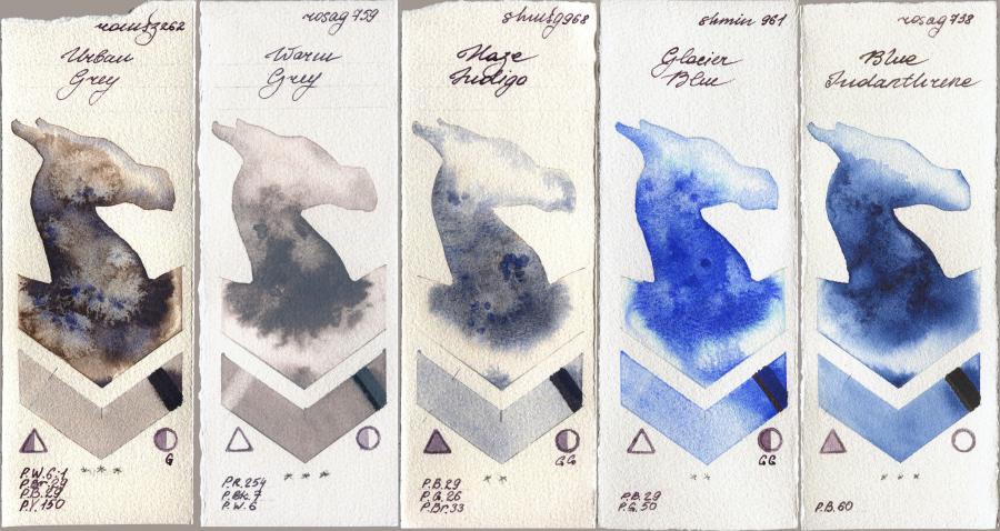 Roman Szmal Aquarius 262 Urban Grey vs Rosa Gallery 759 Warm Grey vs Shminke Horadam Aquarell 968 Haze Indigo vs 961 Glacier Blue vs 738 Blue Indanthrone watercolor swatch
