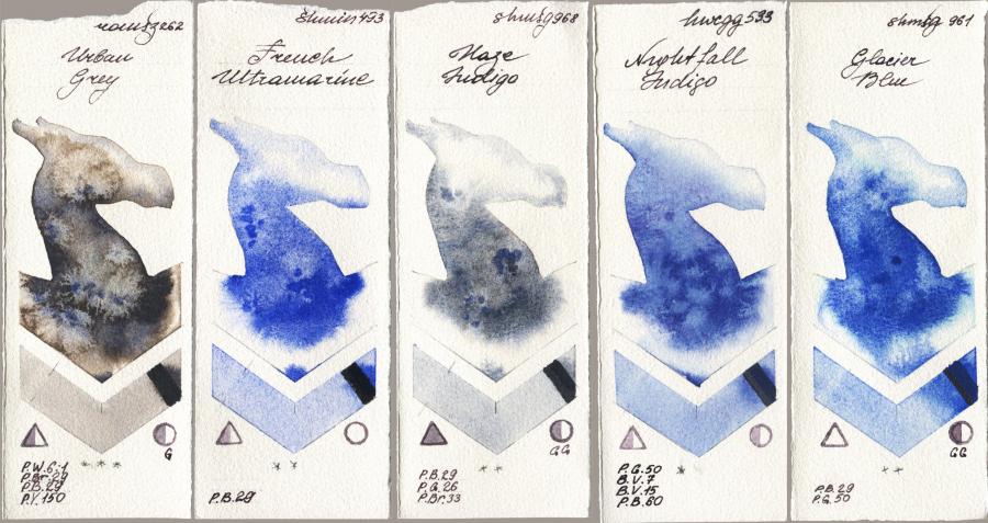 Roman Szmal Aquarius 262 Urban Grey vs Shminke Horadam Aquarell 493 French Ultramarine vs 968 Haze Indigo vs Holbein Artists Watercolor 533 Nightfall Indigo vs 961 Glacier Blue watercolor swatch