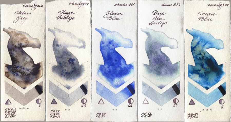 Roman Szmal Aquarius 262 Urban Grey vs Shminke Horadam Aquarell 968 Haze Indigo vs 961 Glacier Blue vs 952 Deep Sea Indigo vs 344 Ocean Blue watercolor swatch