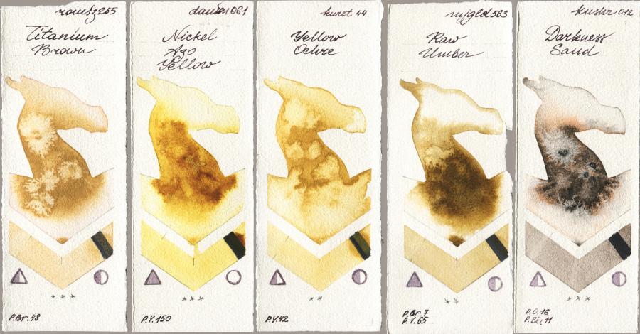 Roman Szmal Aquarius 265 Titanium Brown vs Daniel Smith 061 Nickel Azo Yellow vs Kuretake Gansai Tambi 044 Yellow Ochre vs Mijello Mission Gold 563 Raw Umber vs Kusakabe 012 Darkness Sand watercolor swatch