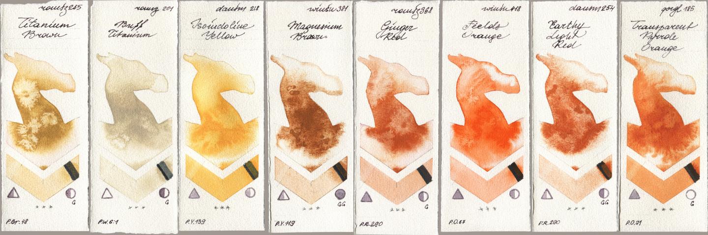 Roman Szmal Aquarius 265 Titanium Brown, 201 Buff Titanium, Daniel Smith 218 Isoindoline Yellow, Winsor & Newton Professional 381 Magnesuim Brown, 368 Genger Red, 418 Fields Orange, 254 Earthy Light Red, Golden QOR 185 Transparent Pyrrole Oran watercolor swatch