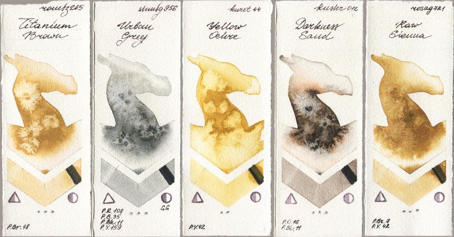 Roman Szmal Aquarius 265 Titanium Brown vs Shminke Horadam Aquarell 956 Urban Grey vs Kuretake Gansai Tambi 044 Yellow Ochre vs Kusakabe 012 Darkness Sand vs Rosa Gallery 721 Raw Sienna watercolor swatch