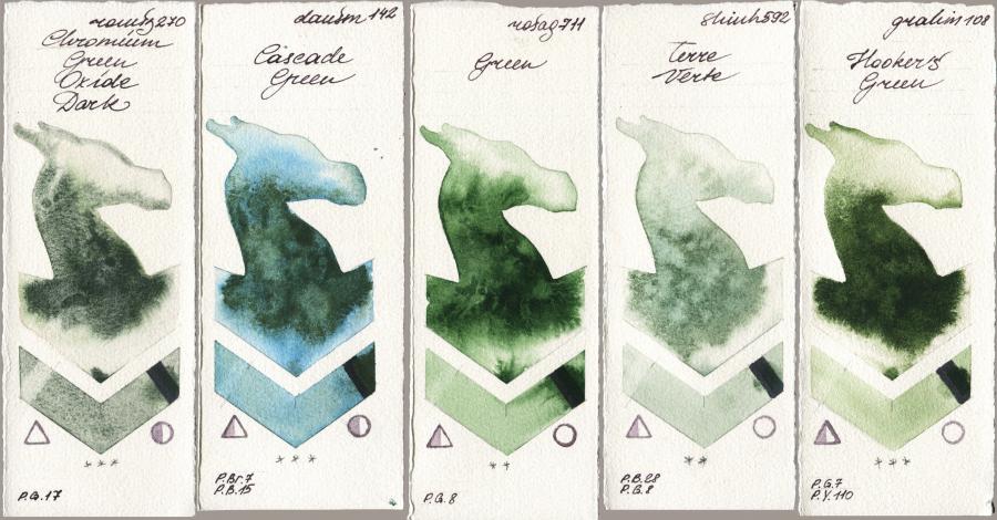Roman Szmal Aquarius 270 Chromium Green Oxide Dark vs Daniel Smith 142 Cascade Green vs Rosa Gallery 711 Green vs Shinhan PWC 592 Terre Verte vs M. Graham & Co. Artists 108 Hookers Green watercolor swatch