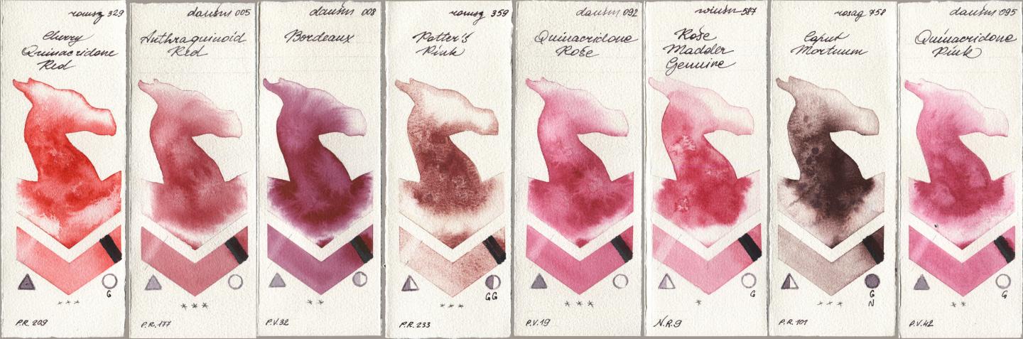 Roman Szmal Aquarius 329 Cherry Quinacridone Red, Daniel Smith 005 Anthraquinoid Red, 008 Bordeaux, 359 Potters Pink, 092 Quinacridone Rose, Winsor & Newton Professional 587 Rose Madder Genuine, Rosa Gallery 758 Caput Mortuum, 095 Quinacridone Pi watercolor swatch