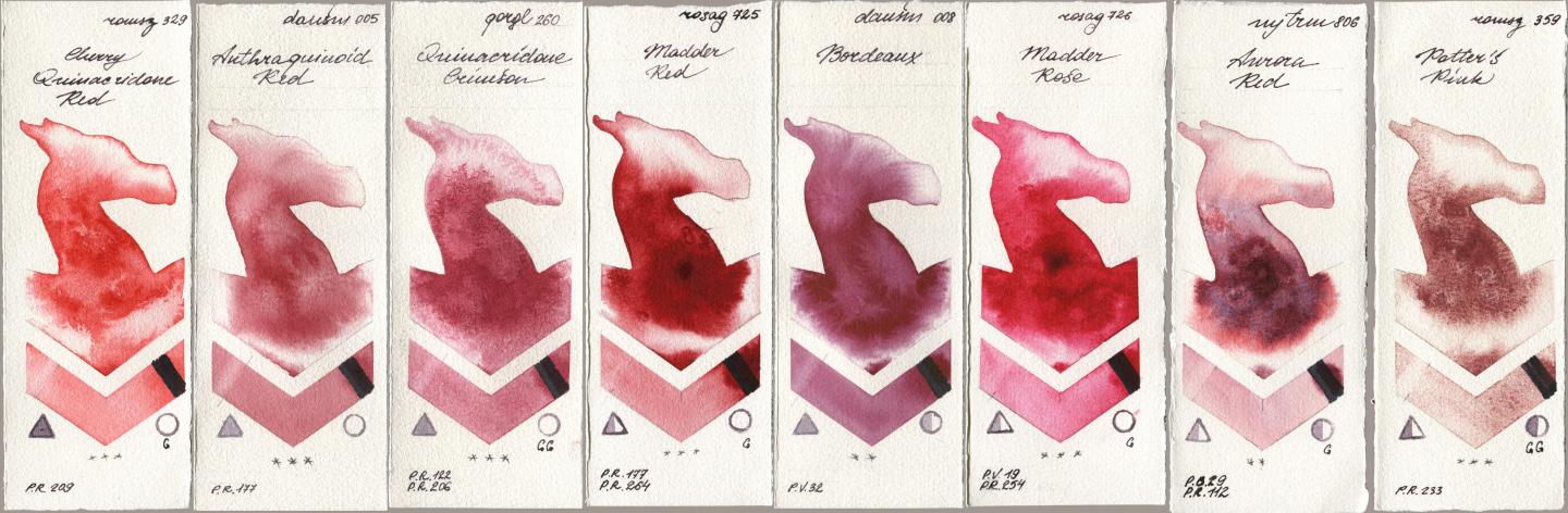Roman Szmal Aquarius 329 Cherry Quinacridone Red, Daniel Smith 005 Anthraquinoid Red, Golden QOR 260 Quinacridone Crimson, Rosa Gallery 725 Madder Red, 008 Bordeaux, 726 Madder Rose, Mijello Mission Gold 806 Aurora Red, 359 Potters Pi watercolor swatch