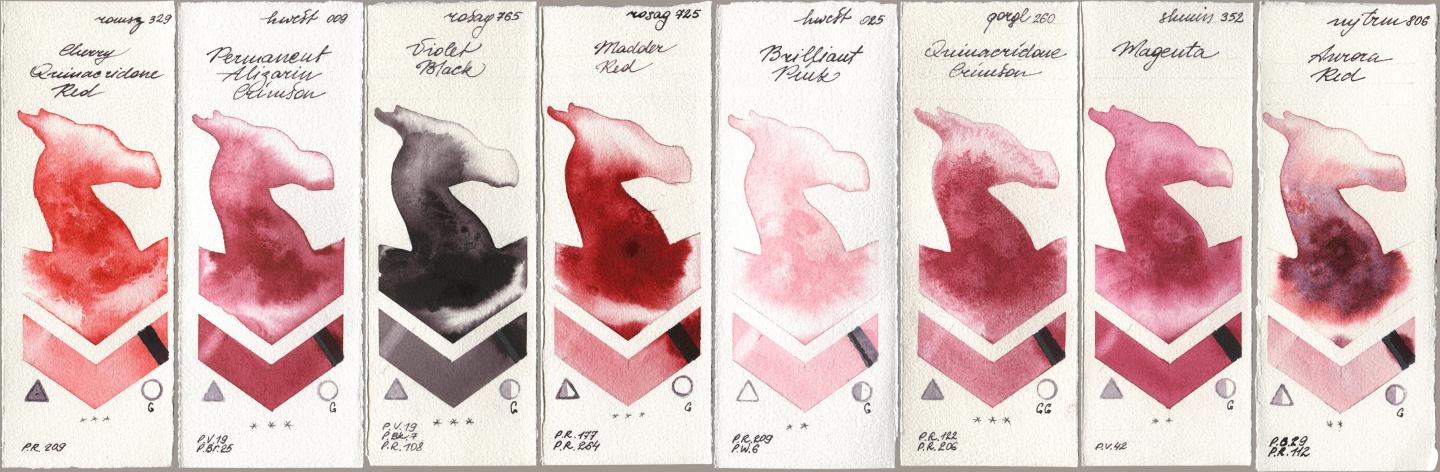 Roman Szmal Aquarius 329 Cherry Quinacridone Red, Holbein Artists Watercolor 009 Permanent Alizarin Crimson, Rosa Gallery 765 Violet Black, 725 Madder Red, 025 Brilliant Pink, Golden QOR 260 Quinacridone Crimson, Shminke Horadam Aquarell 352 Magenta, Mijello Mission Gold 806 Aurora R watercolor swatch