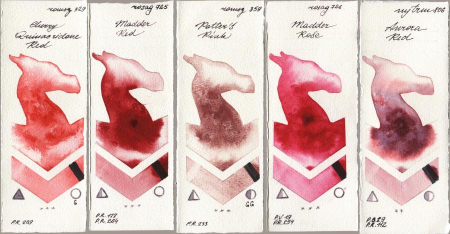 Roman Szmal Aquarius 329 Cherry Quinacridone Red vs Rosa Gallery 725 Madder Red vs 359 Potters Pink vs 726 Madder Rose vs Mijello Mission Gold 806 Aurora Red watercolor swatch