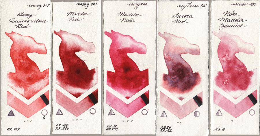 Roman Szmal Aquarius 329 Cherry Quinacridone Red vs Rosa Gallery 725 Madder Red vs 726 Madder Rose vs Mijello Mission Gold 806 Aurora Red vs Winsor & Newton Professional 587 Rose Madder Genuine watercolor swatch