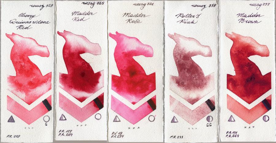 Roman Szmal Aquarius 329 Cherry Quinacridone Red vs Rosa Gallery 725 Madder Red vs 726 Madder Rose vs 359 Potters Pink vs 757 Madder Brown watercolor swatch