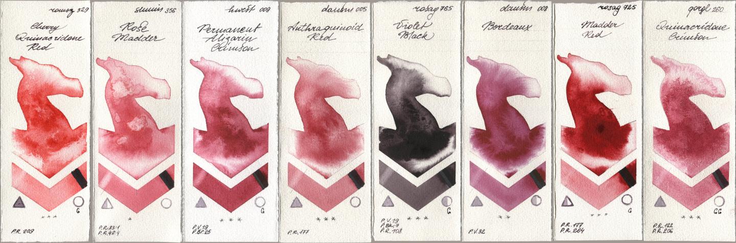 Roman Szmal Aquarius 329 Cherry Quinacridone Red, Shminke Horadam Aquarell 356 Rose Madder, Holbein Artists Watercolor 009 Permanent Alizarin Crimson, Daniel Smith 005 Anthraquinoid Red, Rosa Gallery 765 Violet Black, 008 Bordeaux, 725 Madder Red, Golden QOR 260 Quinacridone Crims watercolor swatch