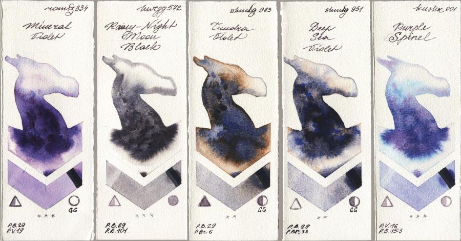 Roman Szmal Aquarius 334 Mineral Violet vs Holbein Artists Watercolor 572 Rainy-Night Moon Back vs Shminke Horadam Aquarell 983 Tundra Violet vs 951 Deep Sea Violet vs Kusakabe 001 Purple Spinel watercolor swatch