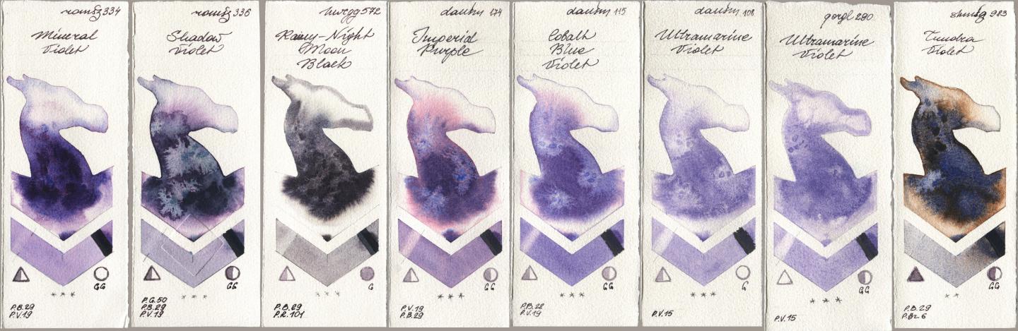Roman Szmal Aquarius 334 Mineral Violet, 336 Shadow Violet, Holbein Artists Watercolor 572 Rainy-Night Moon Back, Daniel Smith 174 Imperial Purple, 115 Cobalt Blue Violet, 108 Ultramarine Violet, Golden QOR 290 Ultramarine Violet, Shminke Horadam Aquarell 983 Tundra Viol watercolor swatch