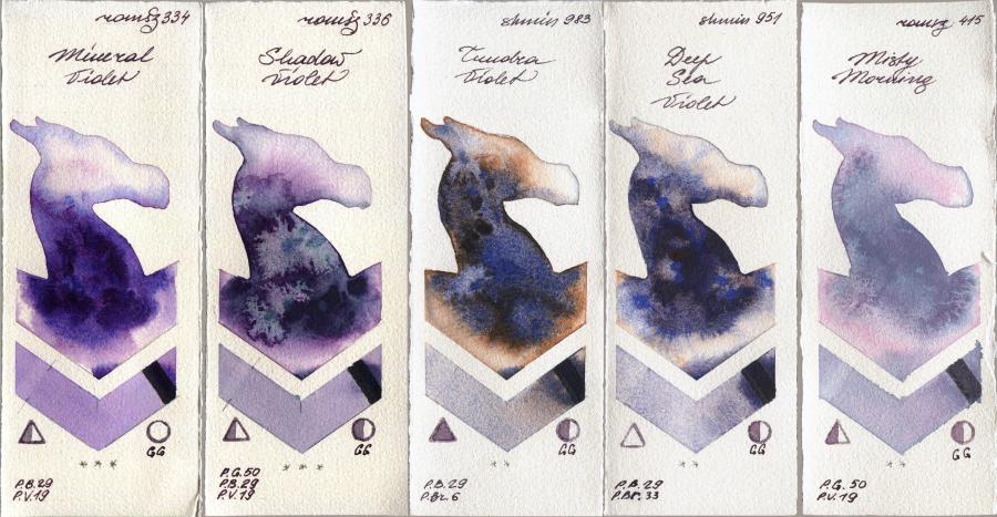 Roman Szmal Aquarius 334 Mineral Violet vs 336 Shadow Violet vs Shminke Horadam Aquarell 983 Tundra Violet vs 951 Deep Sea Violet vs 415 Misty Morning watercolor swatch