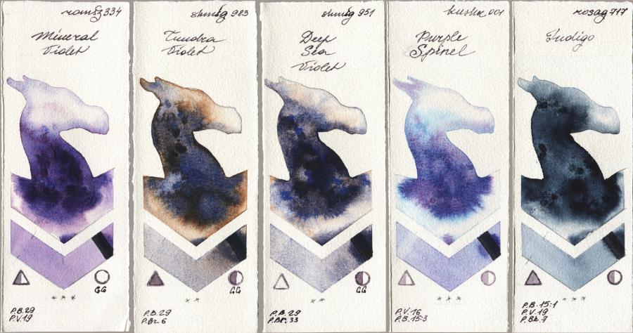 Roman Szmal Aquarius 334 Mineral Violet vs Shminke Horadam Aquarell 983 Tundra Violet vs 951 Deep Sea Violet vs Kusakabe 001 Purple Spinel vs Rosa Gallery 717 Indigo watercolor swatch