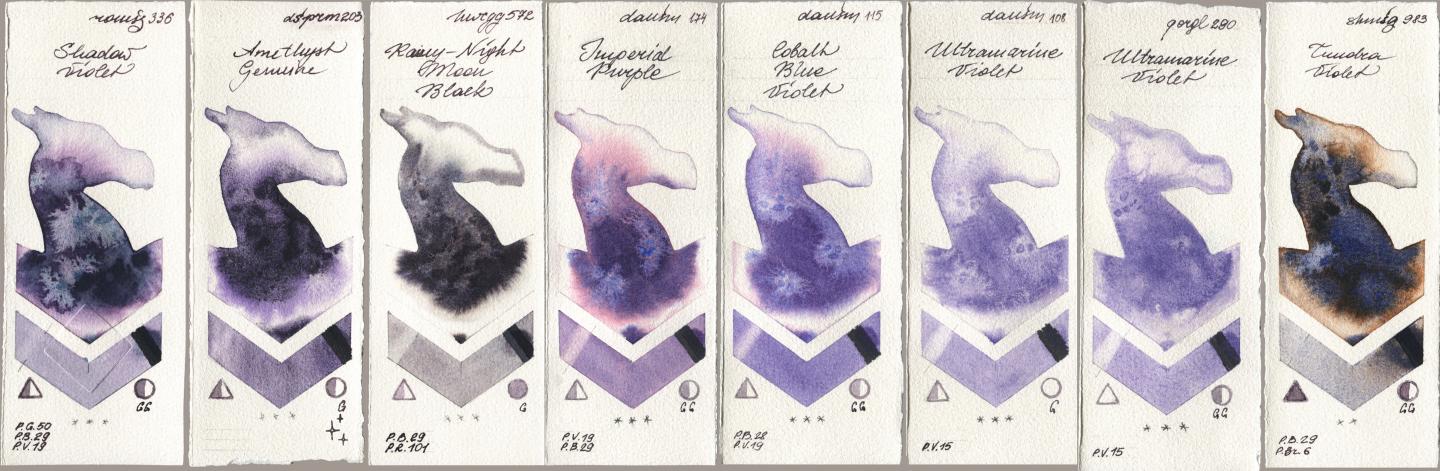 Roman Szmal Aquarius 336 Shadow Violet, Daniel Smith 203 Amethyst Genuine, Holbein Artists Watercolor 572 Rainy-Night Moon Back, 174 Imperial Purple, 115 Cobalt Blue Violet, 108 Ultramarine Violet, Golden QOR 290 Ultramarine Violet, Shminke Horadam Aquarell 983 Tundra Viol watercolor swatch