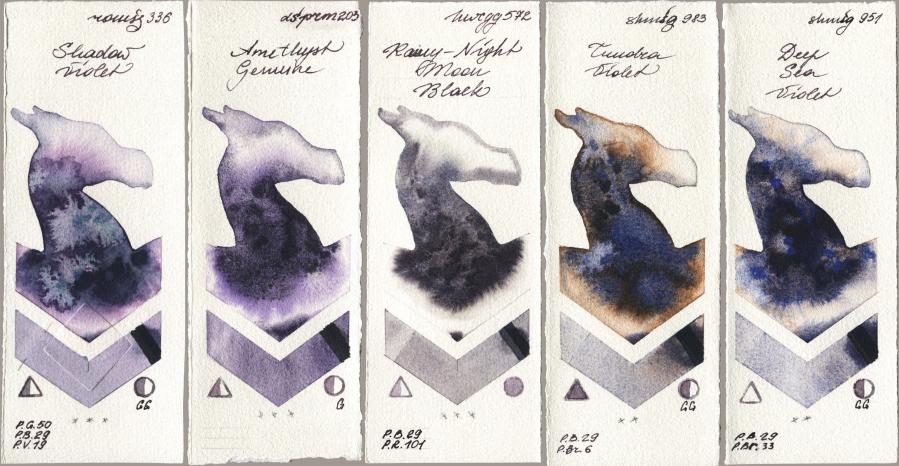 Roman Szmal Aquarius 336 Shadow Violet vs Daniel Smith 203 Amethyst Genuine vs Holbein Artists Watercolor 572 Rainy-Night Moon Back vs Shminke Horadam Aquarell 983 Tundra Violet vs 951 Deep Sea Violet watercolor swatch