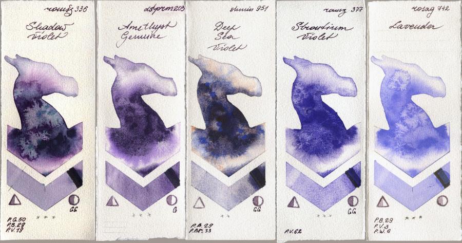 Roman Szmal Aquarius 336 Shadow Violet vs Daniel Smith 203 Amethyst Genuine vs Shminke Horadam Aquarell 951 Deep Sea Violet vs 377 Strontium Violet vs Rosa Gallery 742 Lavender watercolor swatch
