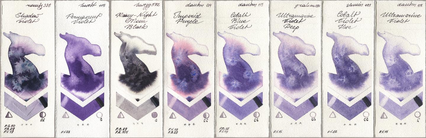 Roman Szmal Aquarius 336 Shadow Violet, Holbein Artists Watercolor 115 Permanent Violet, 572 Rainy-Night Moon Back, Daniel Smith 174 Imperial Purple, 115 Cobalt Blue Violet, M. Graham & Co. Artists 194 Ultramarine Violet Deep, Shminke Horadam Aquarell 473 Cobalt Violet Hue, 108 Ultramarine Viol watercolor swatch