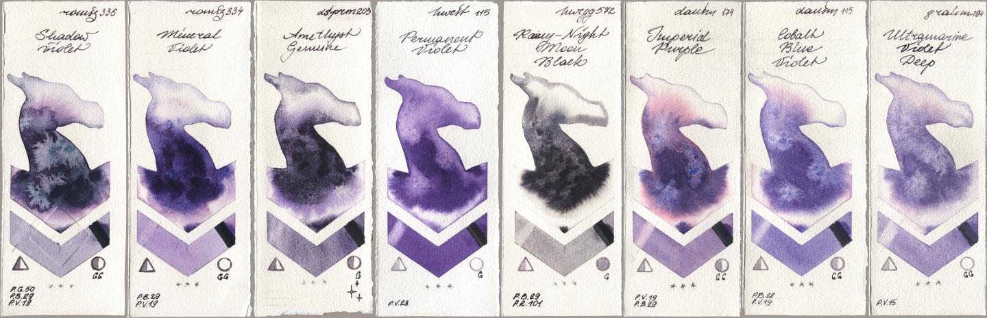 Roman Szmal Aquarius 336 Shadow Violet, 334 Mineral Violet, Daniel Smith 203 Amethyst Genuine, Holbein Artists Watercolor 115 Permanent Violet, 572 Rainy-Night Moon Back, 174 Imperial Purple, 115 Cobalt Blue Violet, M. Graham & Co. Artists 194 Ultramarine Violet De watercolor swatch