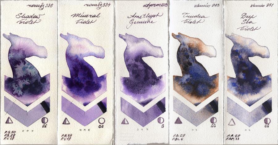 Roman Szmal Aquarius 336 Shadow Violet vs 334 Mineral Violet vs Daniel Smith 203 Amethyst Genuine vs Shminke Horadam Aquarell 983 Tundra Violet vs 951 Deep Sea Violet watercolor swatch