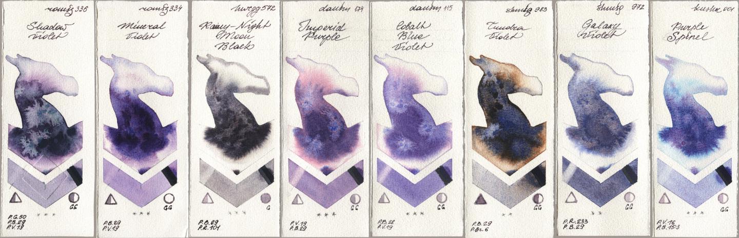 Roman Szmal Aquarius 336 Shadow Violet, 334 Mineral Violet, Holbein Artists Watercolor 572 Rainy-Night Moon Back, Daniel Smith 174 Imperial Purple, 115 Cobalt Blue Violet, Shminke Horadam Aquarell 983 Tundra Violet, 972 Galaxy Violet, Kusakabe 001 Purple Spin watercolor swatch